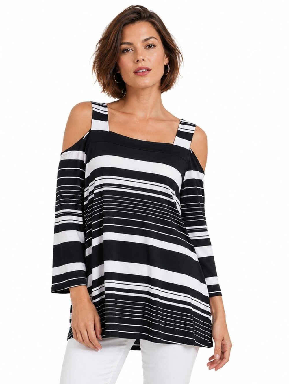 Chico's Cold Shoulder Striped Tunic Black White S - Picture 1 of 13